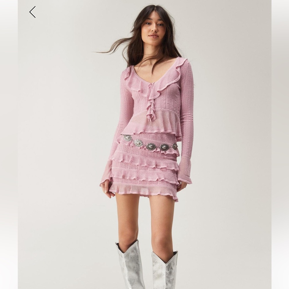 Nasty Gal SET Pink Metallic Ruffle long Sleeve Shirt and Mini Skirt